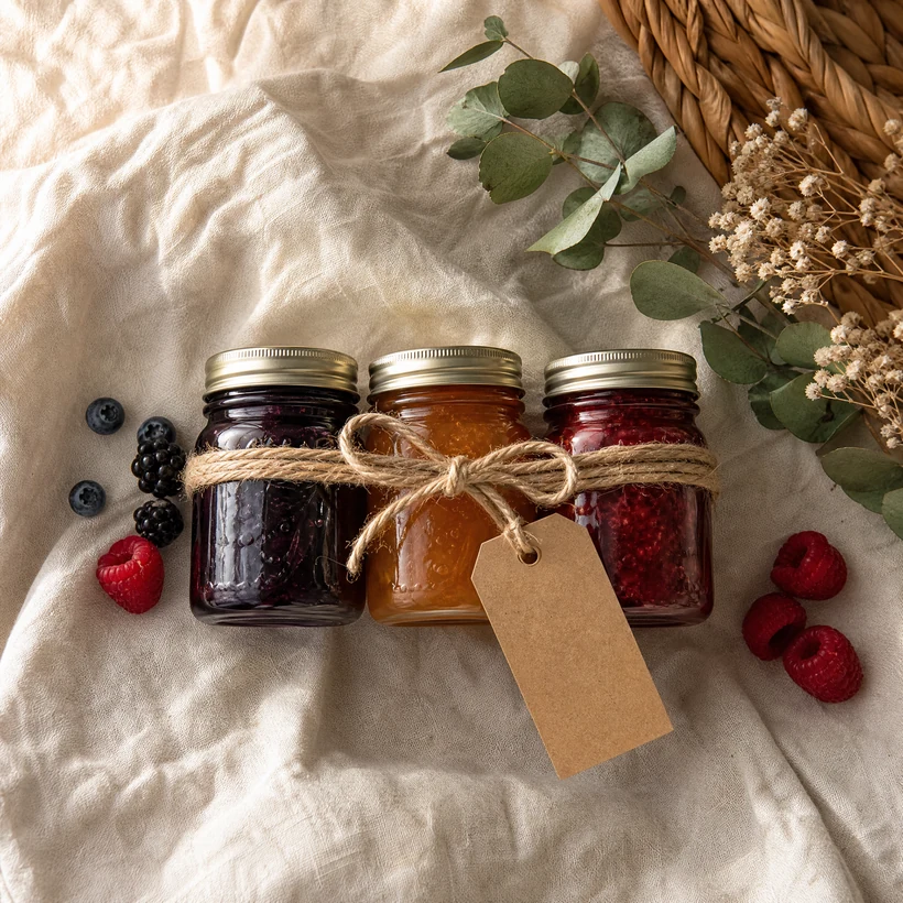 Three mini jars of preserves tied together