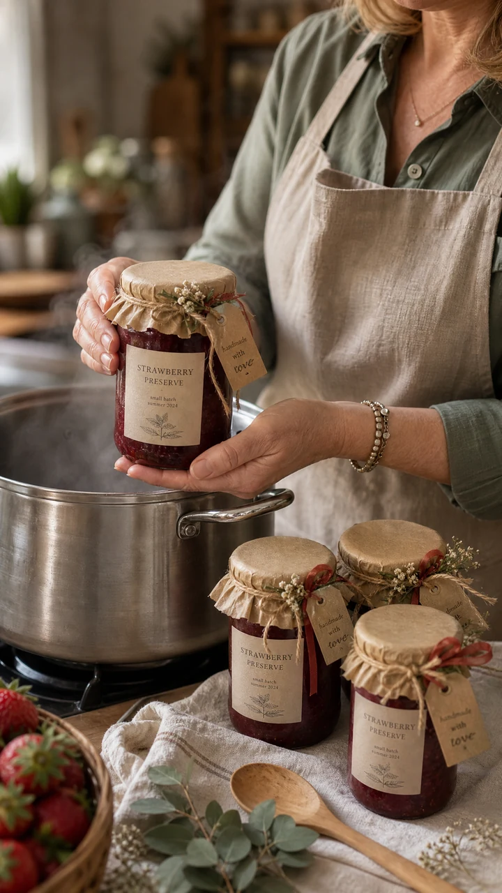 Lifting a sealed jar of homemade strawberry jam out of the pot