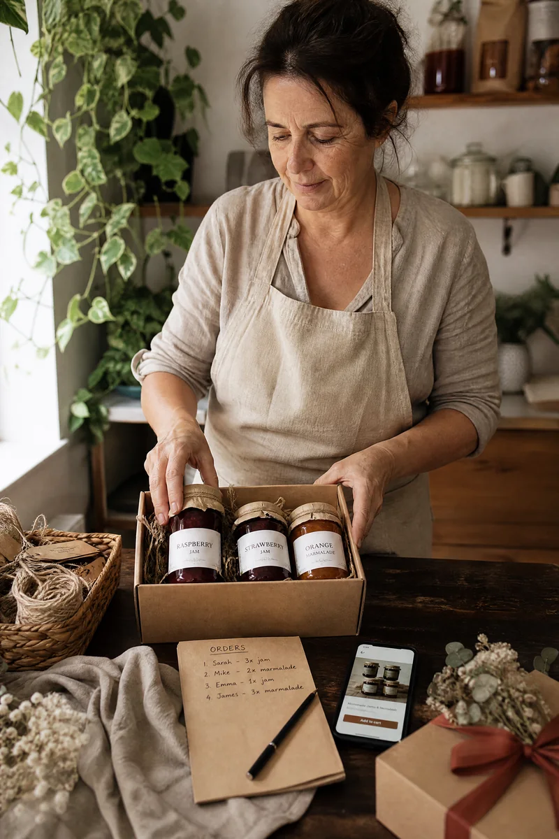 Packing homemade preserve gift boxes to sell