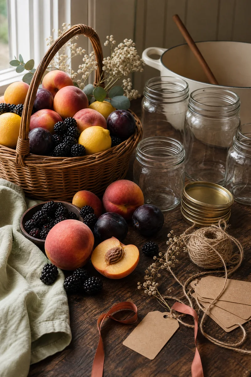 Seasonal fruit and jars on a kitchen counter
